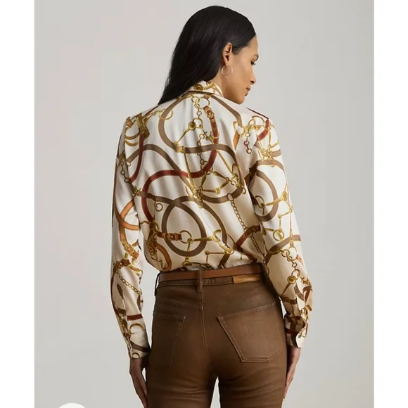 Lauren Ralph Lauren Equestrian Chain Print Button Shirt Women 1X Classic Fit - Picture 9 of 15